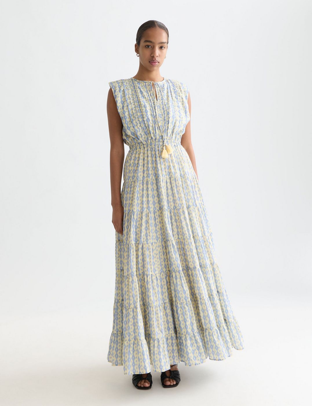 Printed Tiered Maxi Dress - Cactus Stripe Placed Raffia