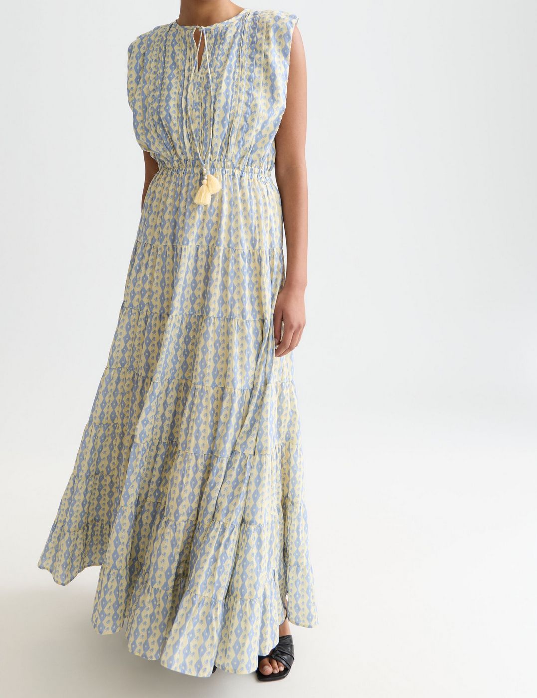 Printed Tiered Maxi Dress - Cactus Stripe Placed Raffia