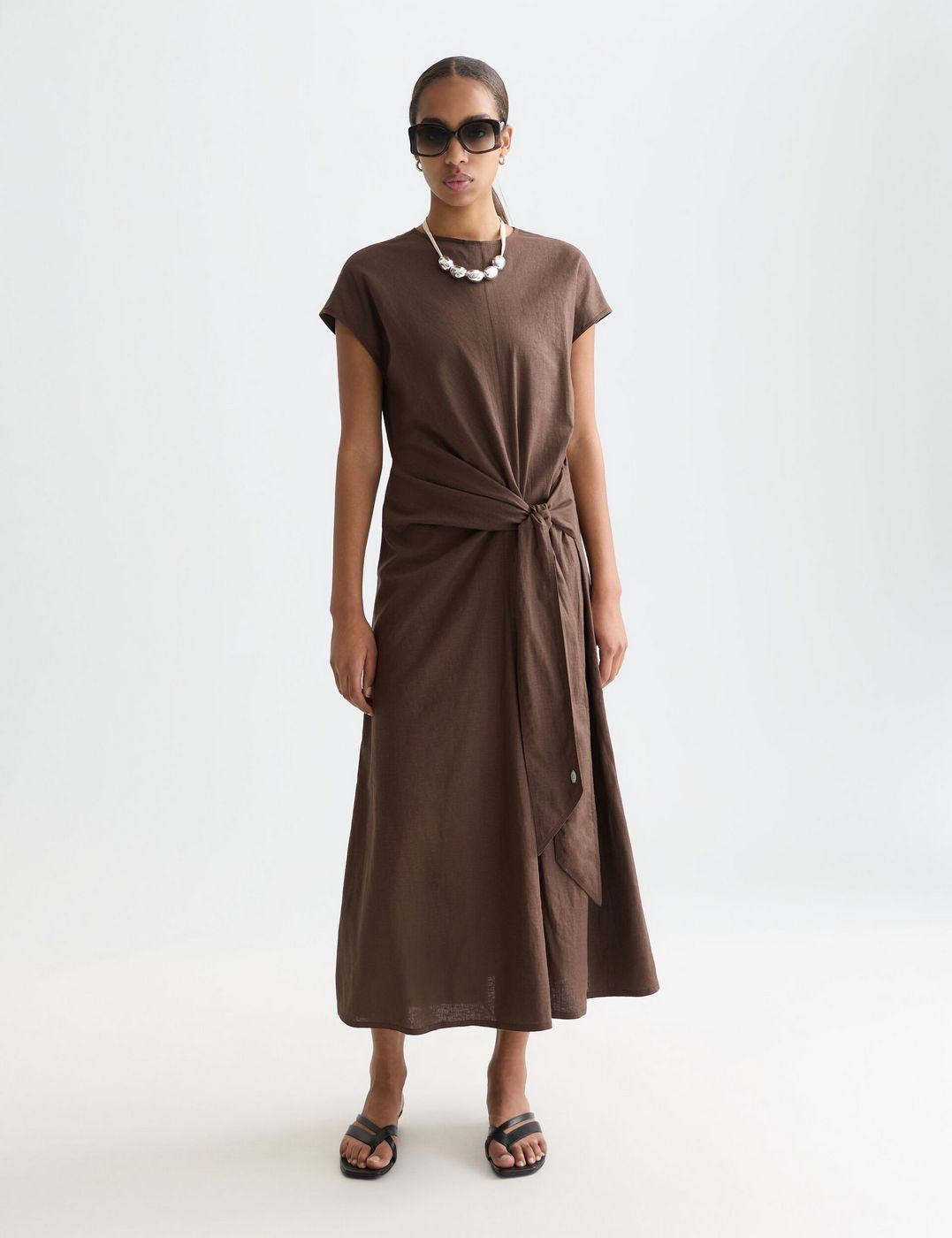 Robe Relaxed Linen Blend Ankle Length Tie - Hot Fudge