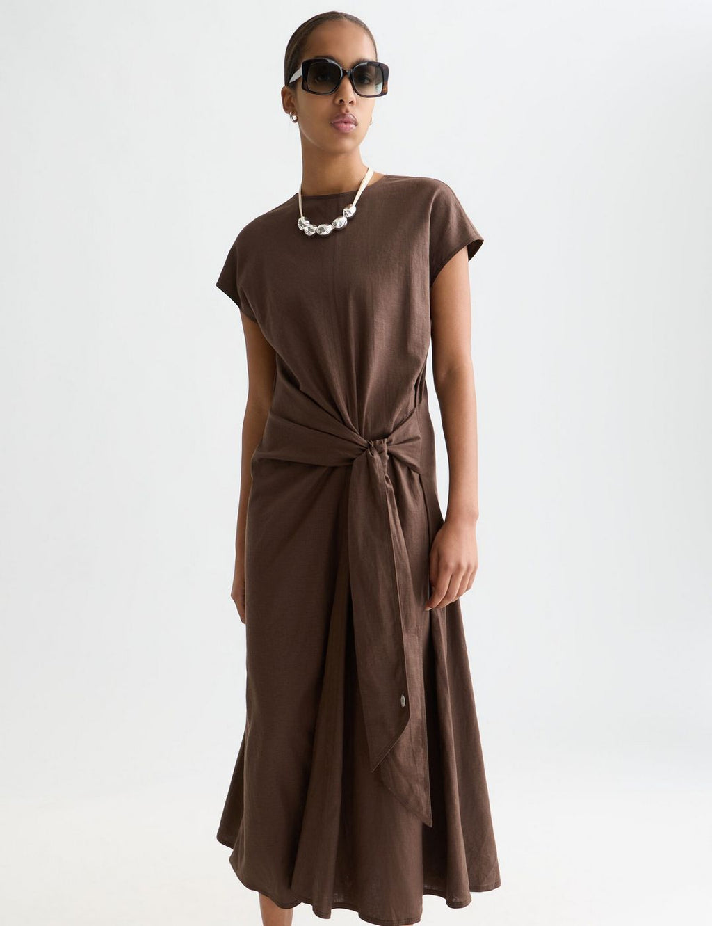 Robe Relaxed Linen Blend Ankle Length Tie - Hot Fudge