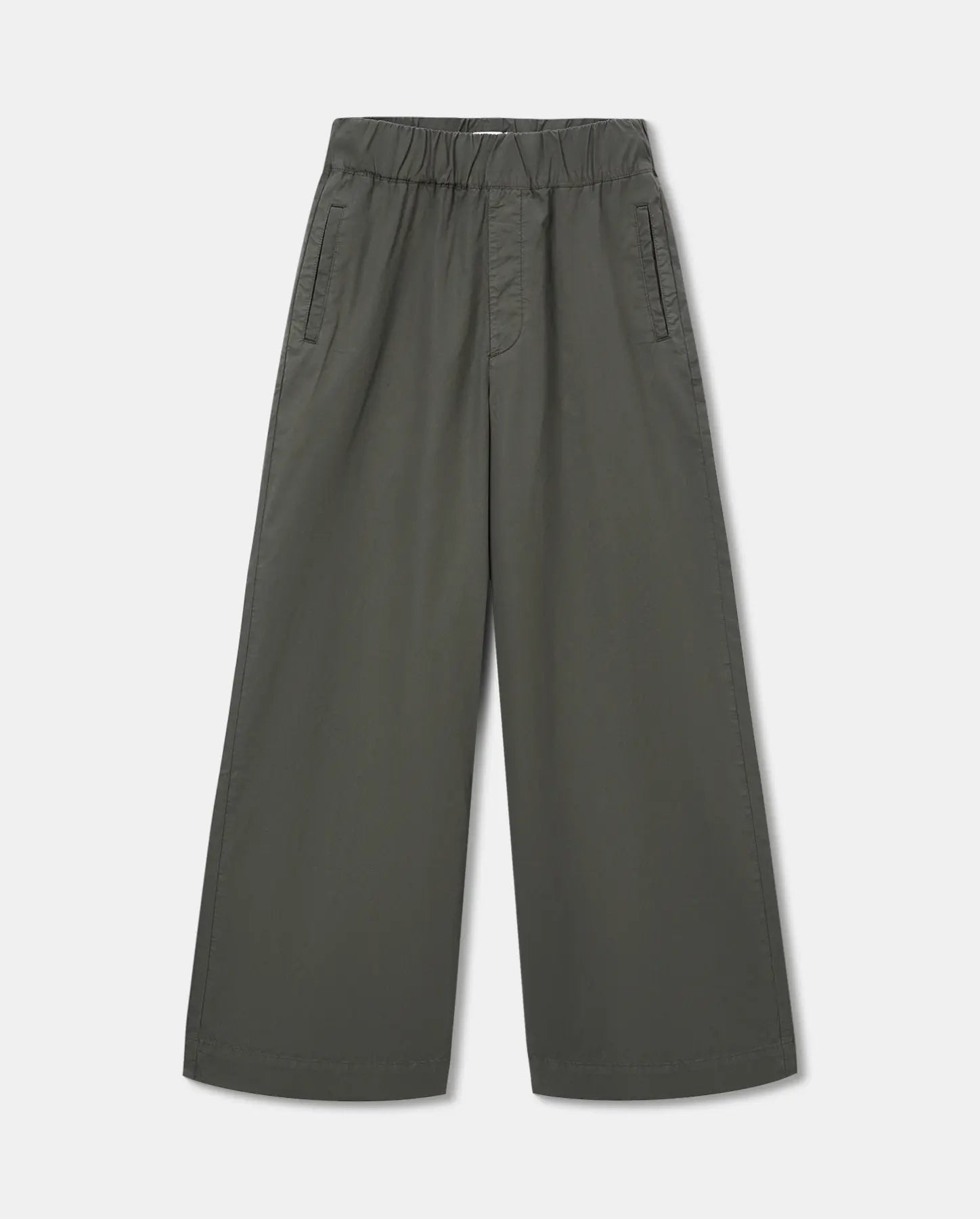 Pantalon femme en popeline de coton kaki, coupe large et fluide avec taille élastiquée, idéal pour une silhouette décontractée et élégante en été.