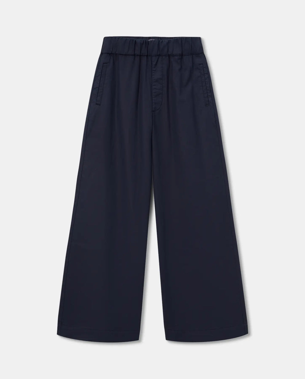 Pantalon large en popeline bleu marine, coupe ample et fluide avec taille élastiquée, matière légère idéale pour l'été, style décontracté et féminin.