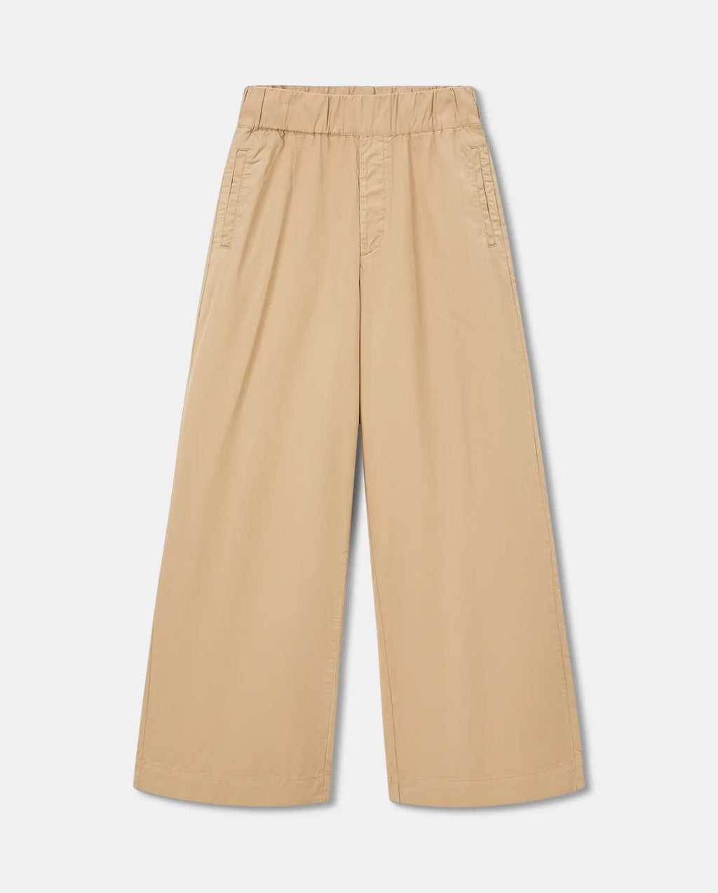 Pantalon large en popeline couleur praline, coupe fluide avec taille élastiquée, adapté à toutes les morphologies pour un maintien confortable et élégant.