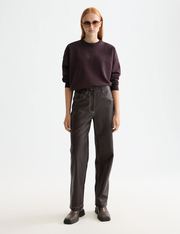 Aurora pantalon in imitatieleer met hoge taille en rechte pijpen - Chocolate Plum