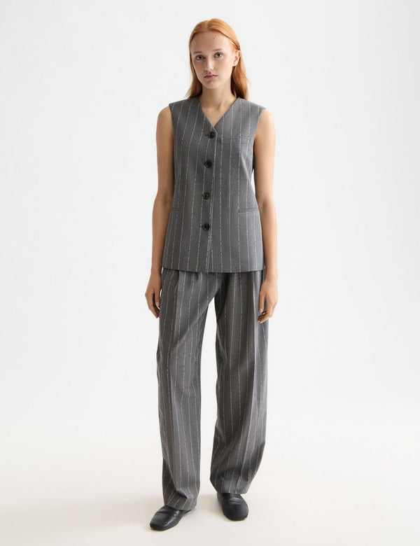 Gestreepte Quinn broek met mid-rise taille, plooien en wijde pijpen - Gemêleerd antracietgrijs