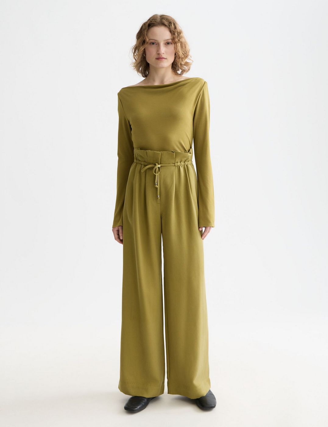 Pantalon June - High Rise Wide Leg Twill Paperbag - Green Moss