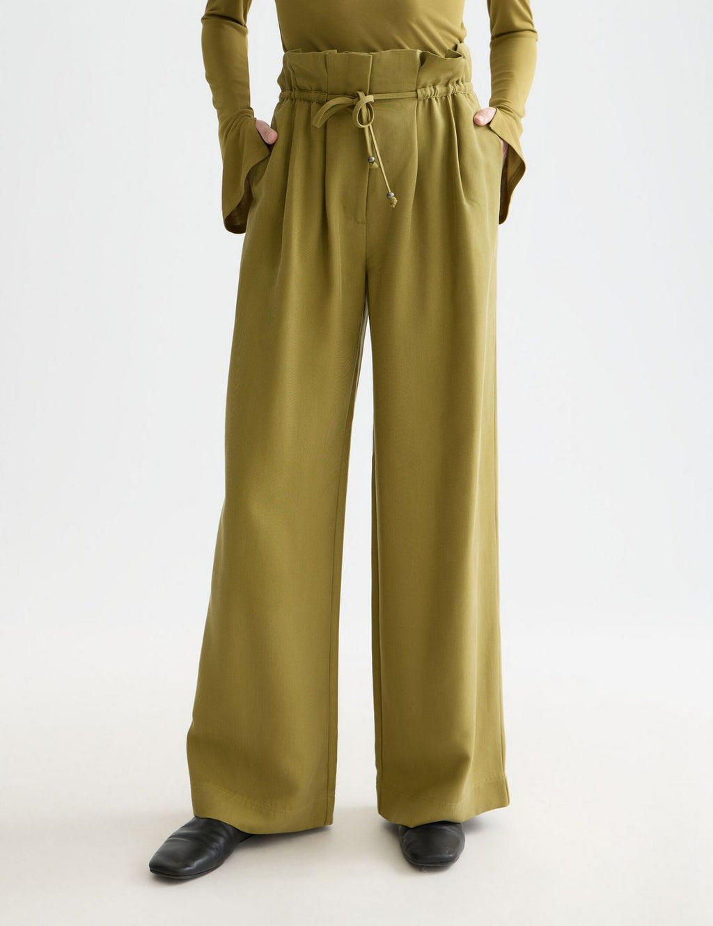 Pantalon June - High Rise Wide Leg Twill Paperbag - Green Moss