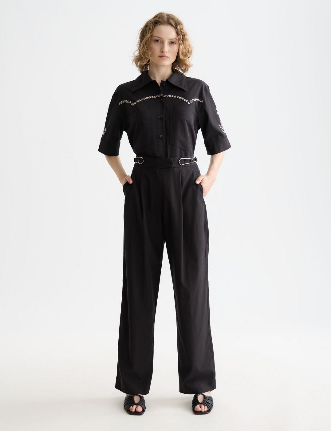 Pantalon Quinn - Mid Rise Wide Leg With Cross-Stitching - Meteorite