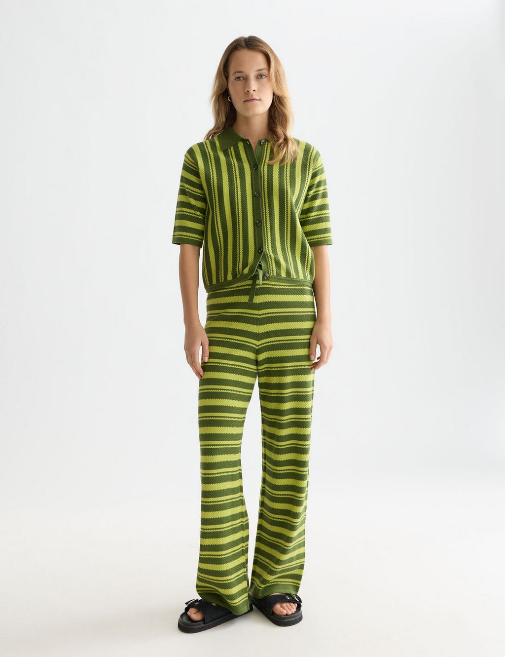 Textured Stripe Knitted Trousers - Garden Green