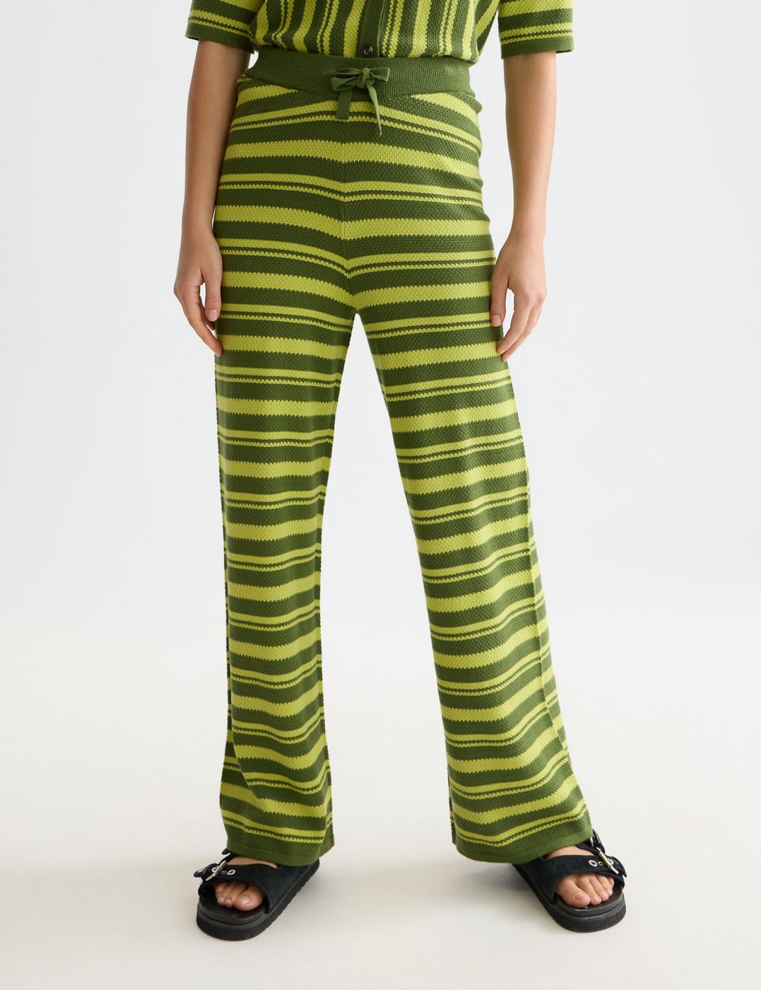 Textured Stripe Knitted Trousers - Garden Green