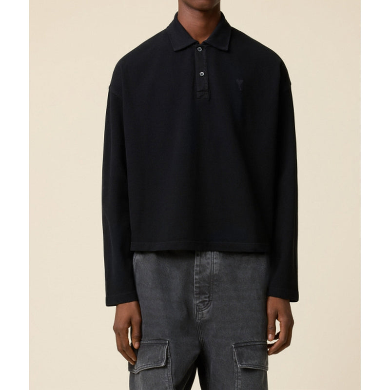 Ami Paris - Garment Dye Long Sleeve Ls Polo - Black/001