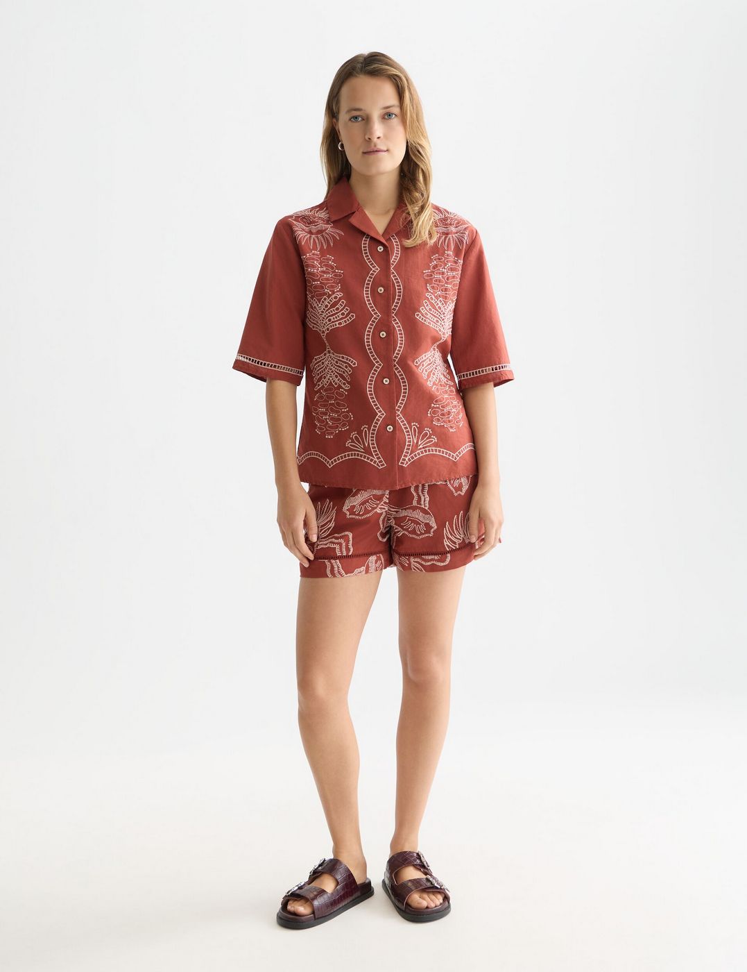 Short Embroidered Linen Blend - Burnt Henna