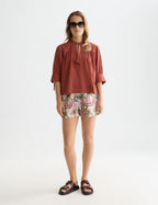 Short Cotton-Linen Elastic Waist - Desert Floral Canyon Clay