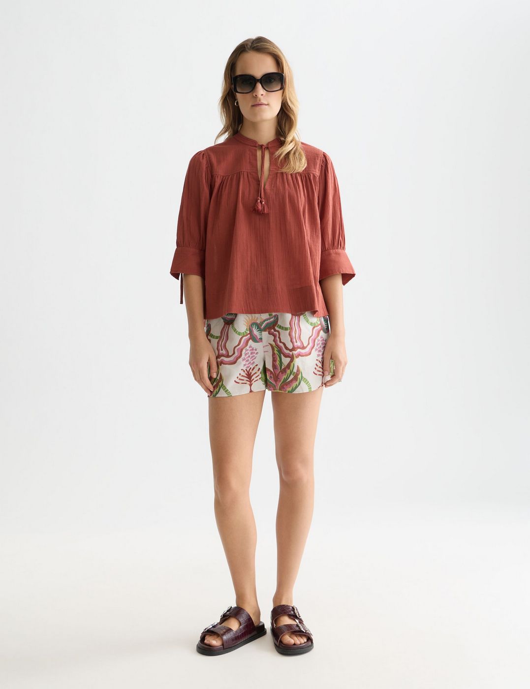 Short Cotton-Linen Elastic Waist - Desert Floral Canyon Clay