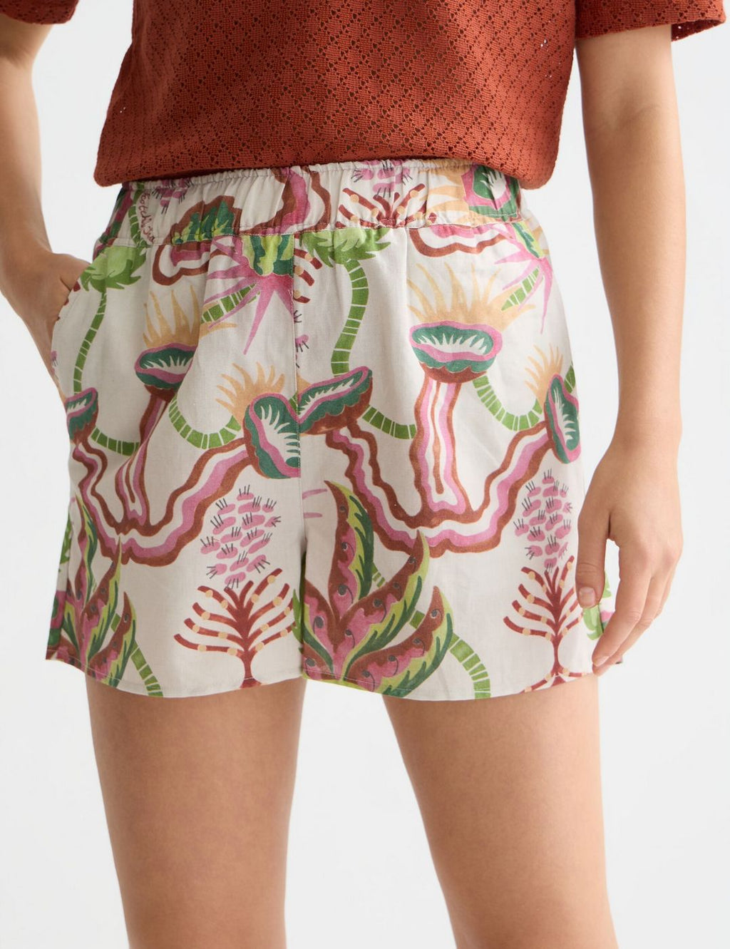 Short Cotton-Linen Elastic Waist - Desert Floral Canyon Clay