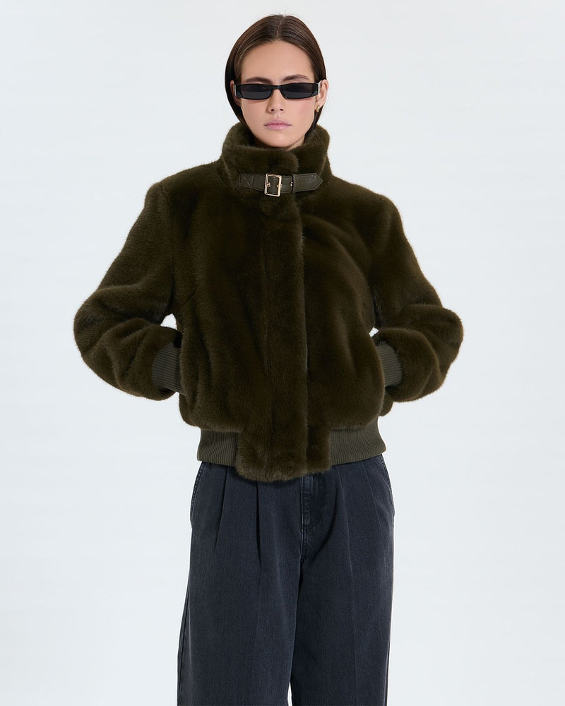 Veste courte en fausse fourrure kaki_1