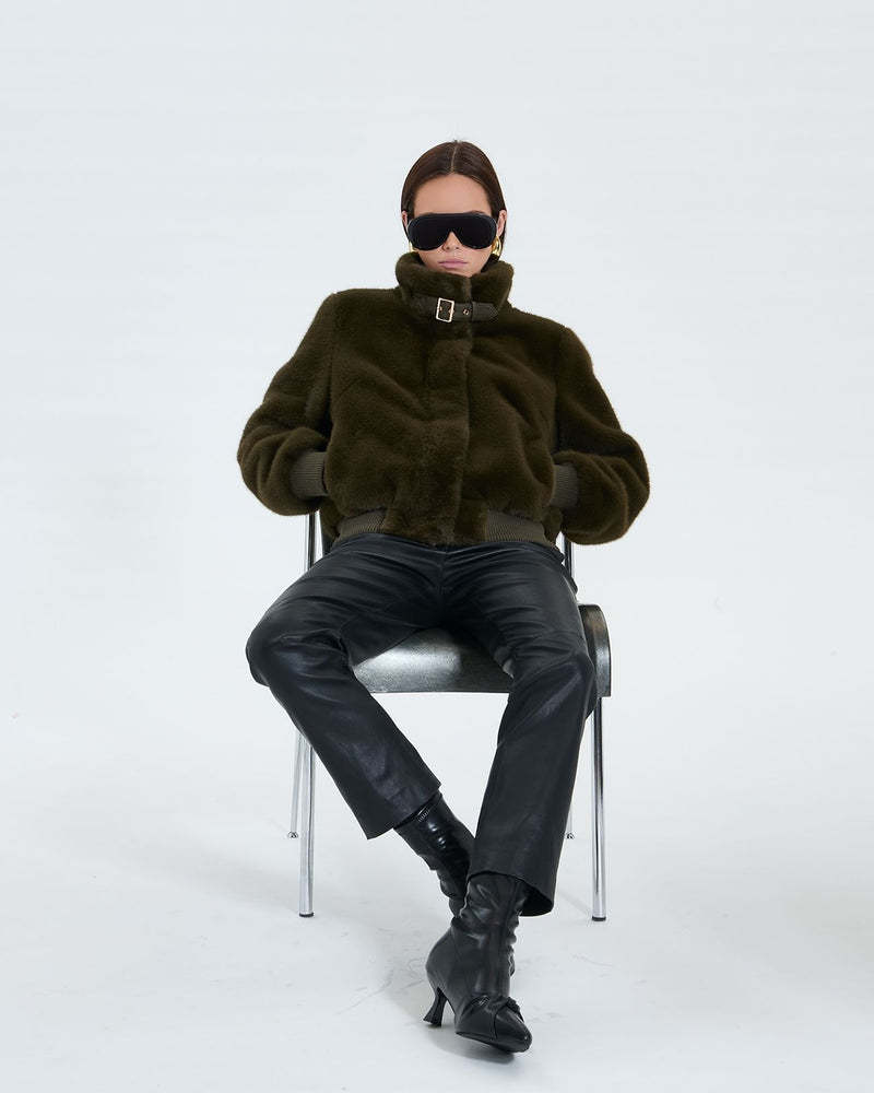 Veste courte en fausse fourrure kaki_2