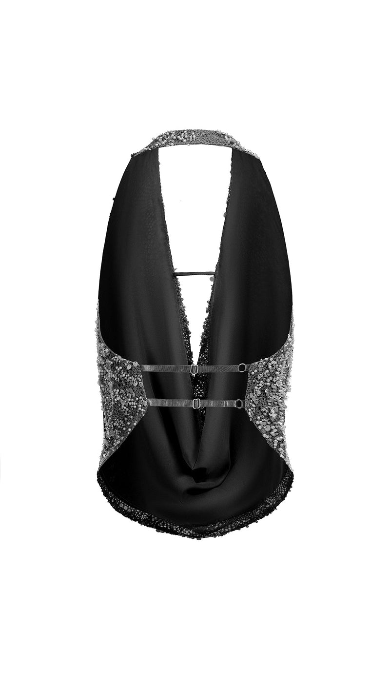 Haut Licou En Mesh Orné De Perles - Noir