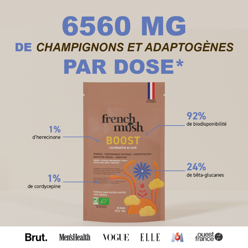French Mush compléments alimentaires à base d'extraits de champignons médicinaux biologiques fabriqués en France Boisson Boost Bio · Chicorée - boisson - 120 doses