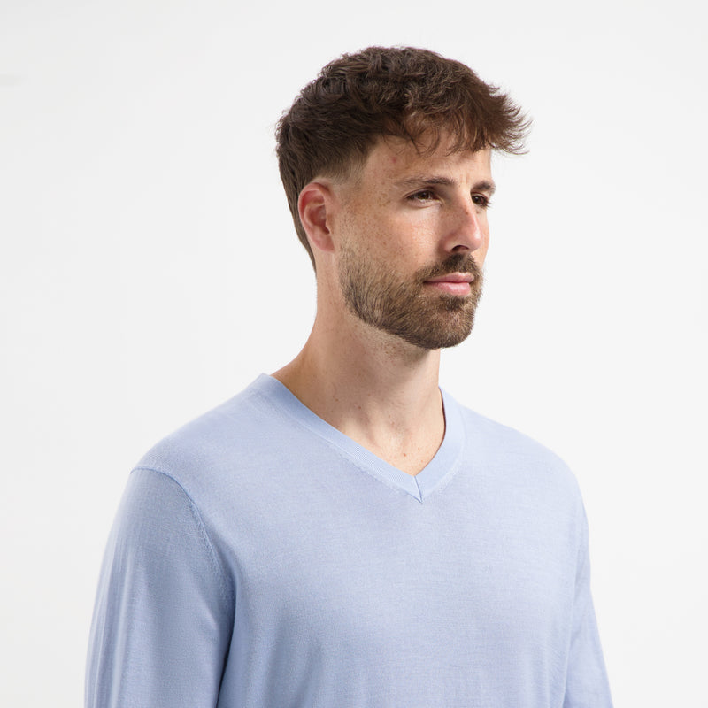 Pull V Neck 100% Merino - Alpine Blue