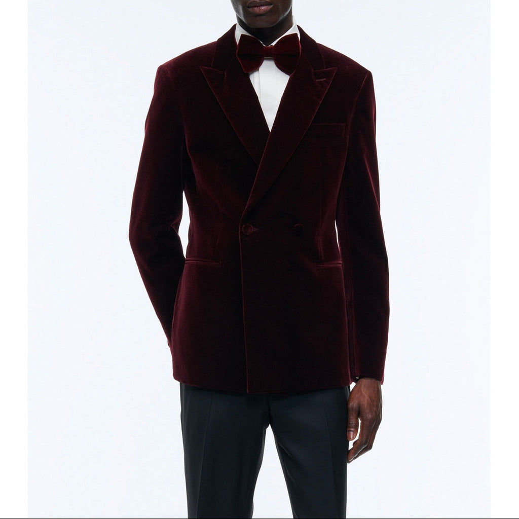 Double-breasted Velvet Tuxedo Jacket - Burgundy