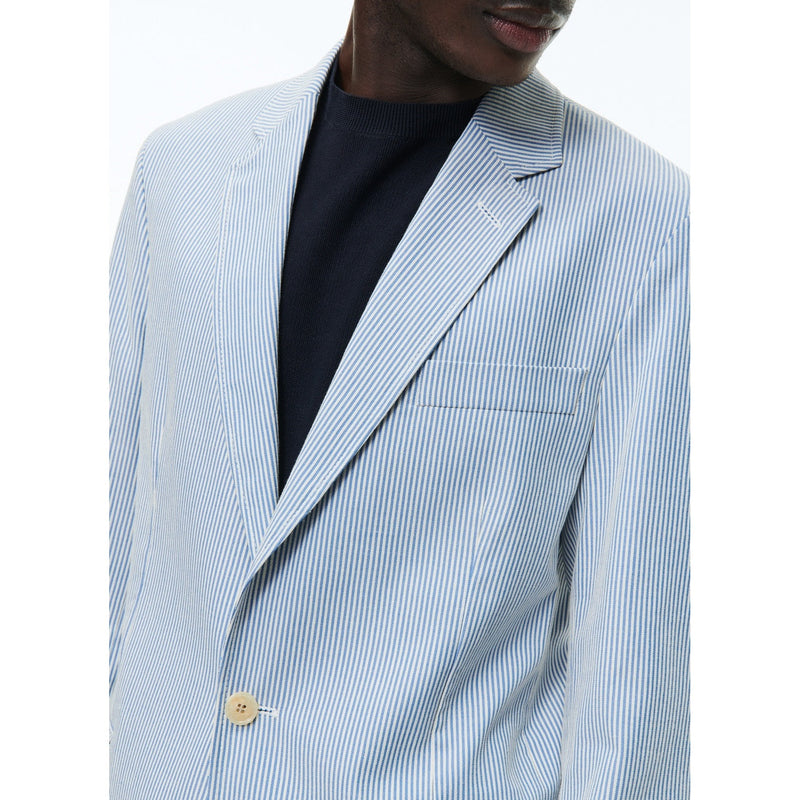 Fursac - Straight Striped Cotton Jacket - White and Sky Blue Stripes