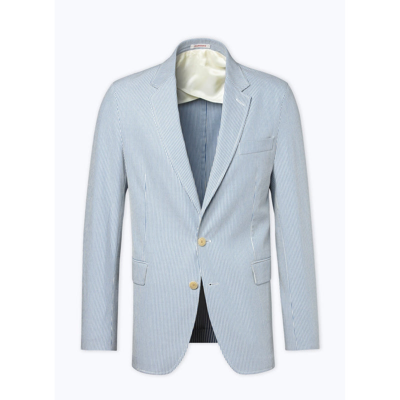 Fursac - Straight Striped Cotton Jacket - White and Sky Blue Stripes