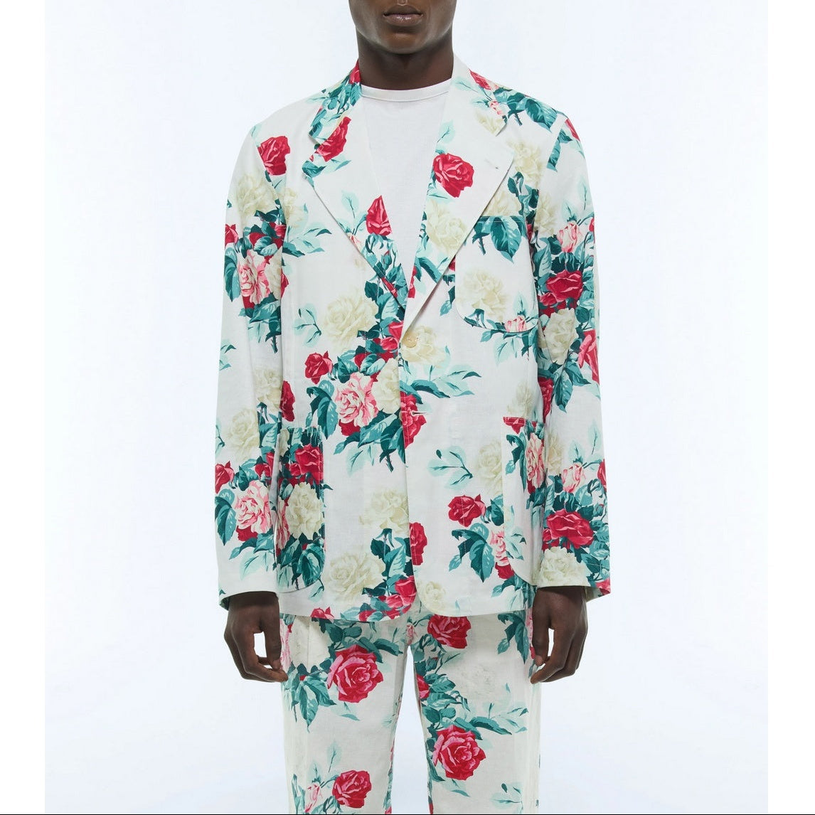 Extra-soft Straight Canvas Jacket - Green, Pink and White Floral Pattern
