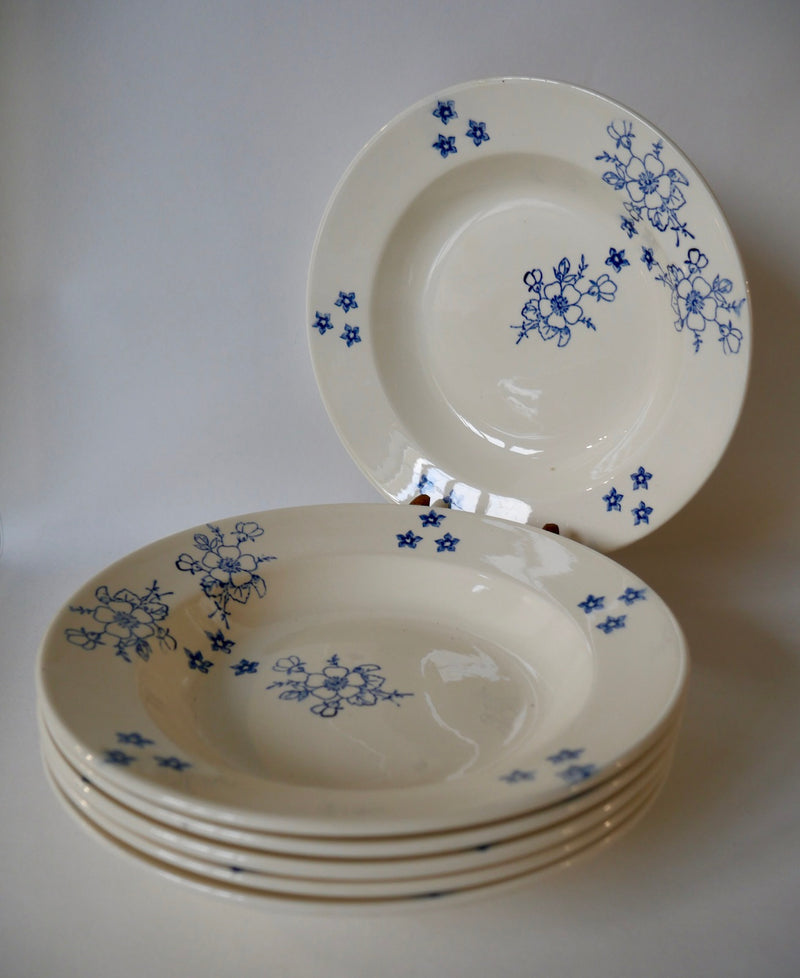 Lot De 6 Assiettes Creuses Longwy Fleurs Bleues Style Japonais - Années 20