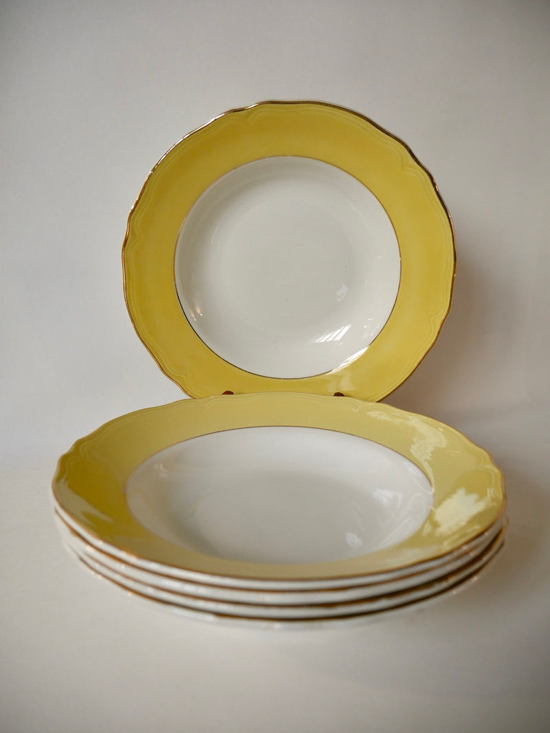 Lot De 5 Assiettes Creuses Badonviller Jaune Pastel Avec Liseré Doré - Années 50-60