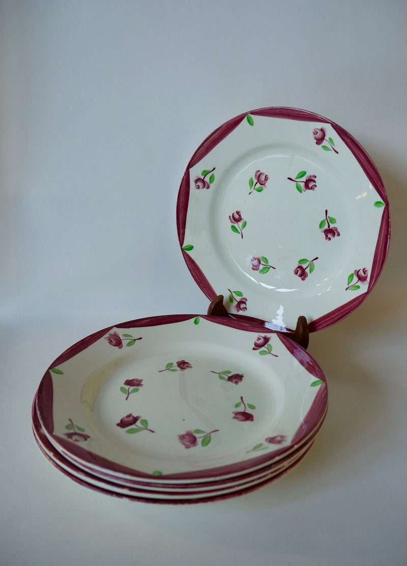 Lot De 5 Assiettes Plates Gien Modèle Malmaison Peintes À La Main - Années 30-40