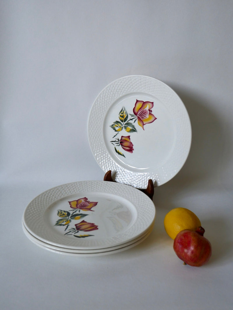 Lot De 4 Assiettes Plates Digoin Sarreguemines Modèle Roseline Peintes À La Main - Années 40-50