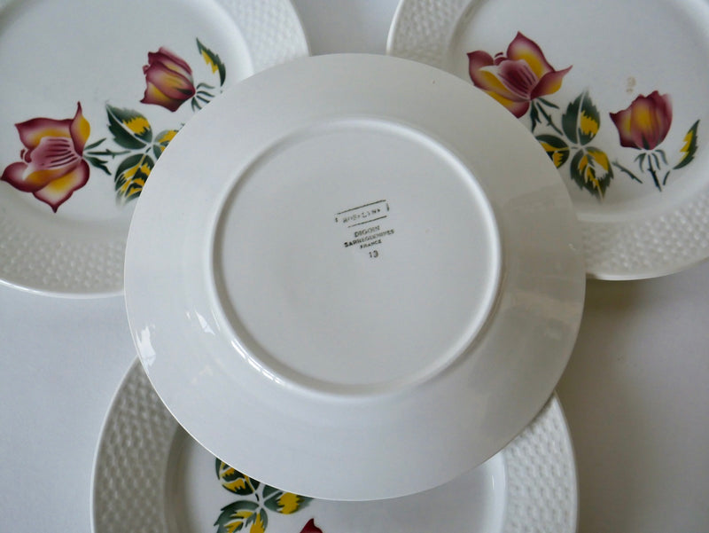 Lot De 4 Assiettes Plates Digoin Sarreguemines Modèle Roseline Peintes À La Main - Années 40-50