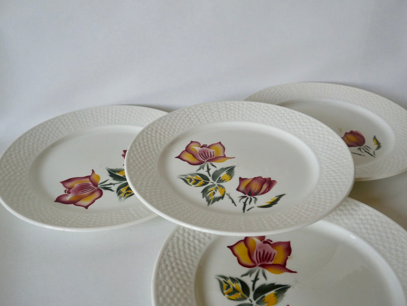 Lot De 4 Assiettes Plates Digoin Sarreguemines Modèle Roseline Peintes À La Main - Années 40-50