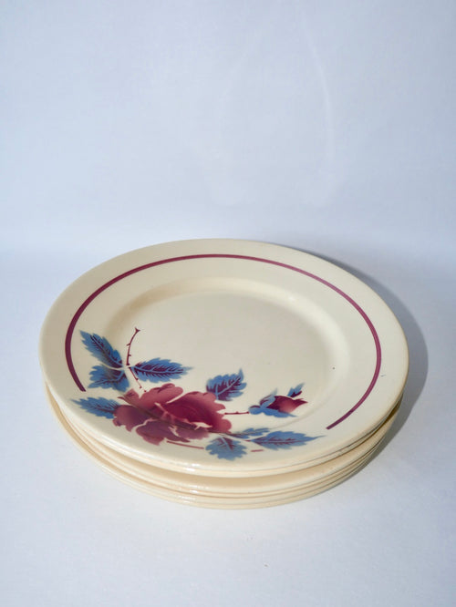 Lot De 6 Assiettes Plates Beiges À Fleurs Roses Moulin Des Loups - Années 40-50