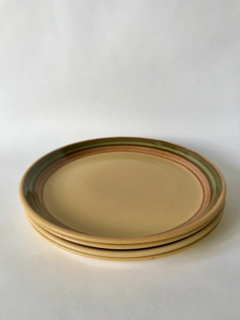 Lot De 4 Assiettes Plates En Grès Liseré Vert - Années 70