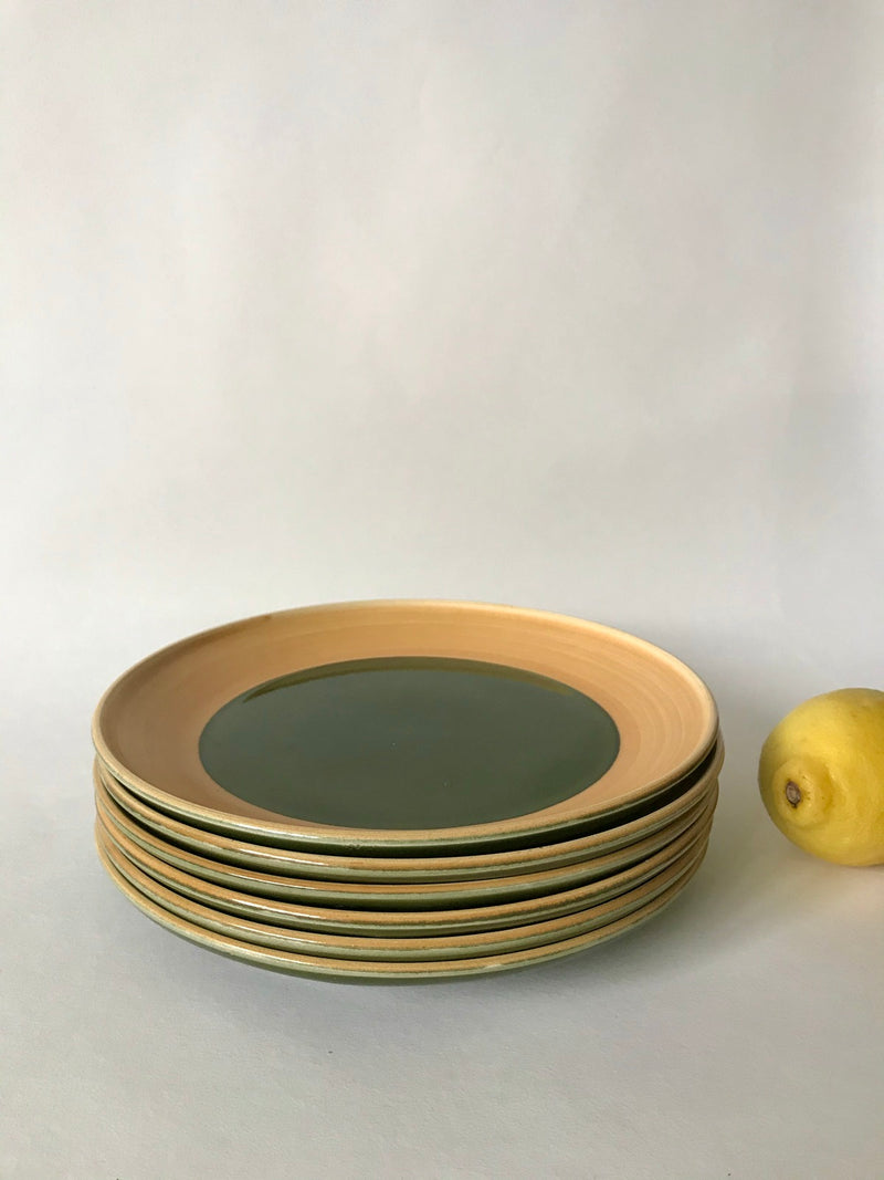 Lot De 6 Assiettes Plates En Céramique Émail Vert Salins Modèle "Capvern" - Années 60-70