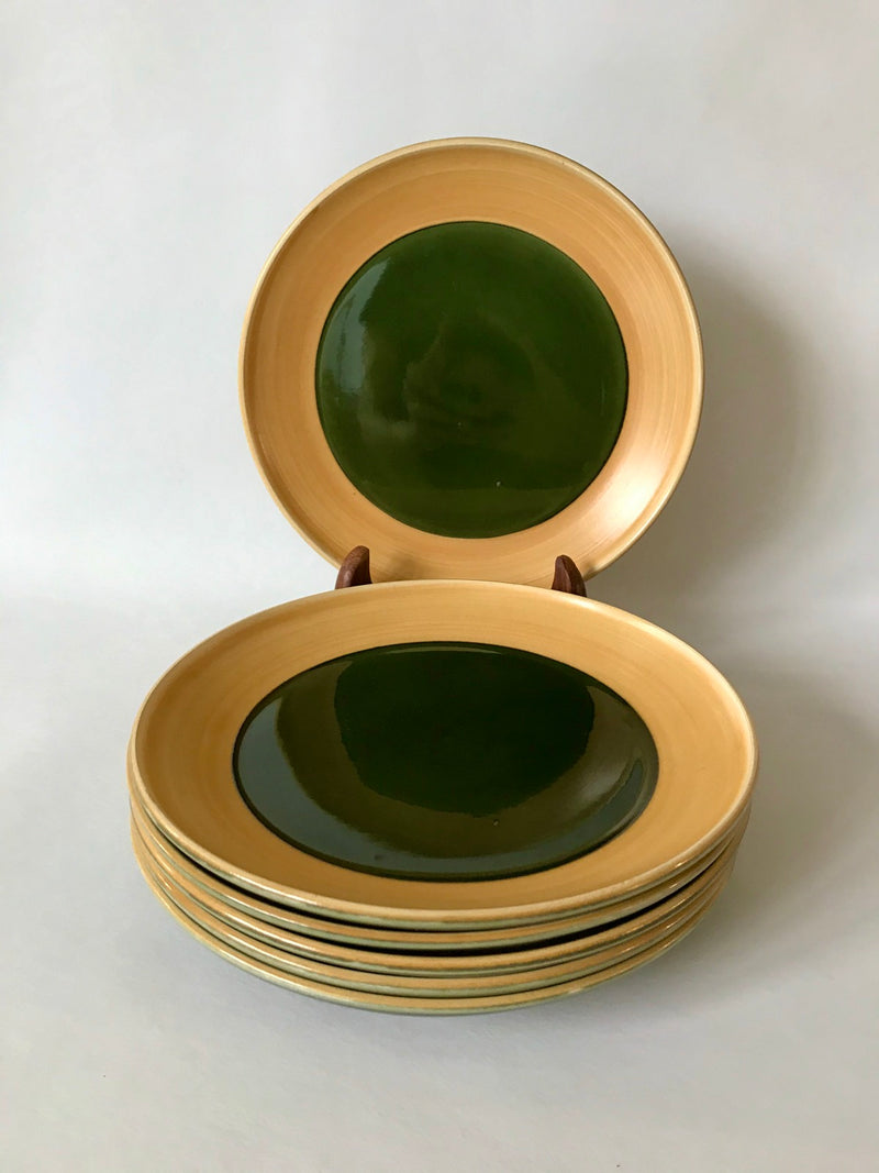 Lot De 6 Assiettes Plates En Céramique Émail Vert Salins Modèle "Capvern" - Années 60-70