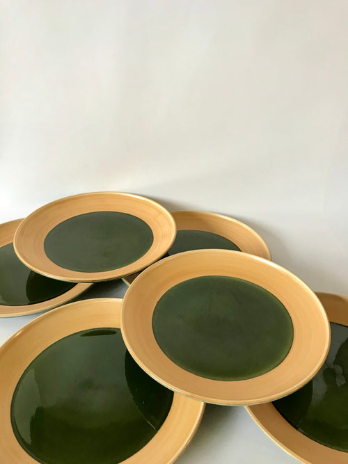 Lot De 6 Assiettes Plates En Céramique Émail Vert Salins Modèle "Capvern" - Années 60-70