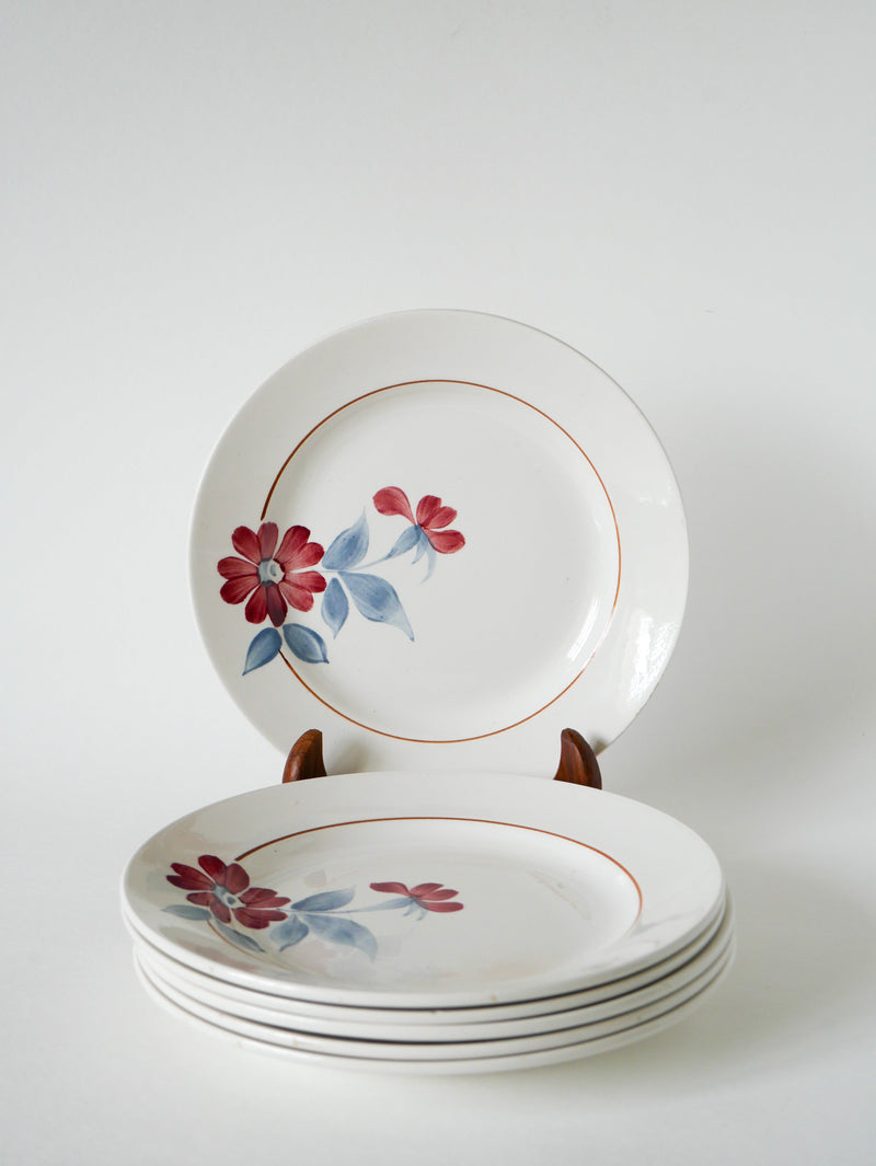 Lot De 5 Assiettes À Dessert Saint-Amand - À Fleurs Roses Et Bleues - 1960