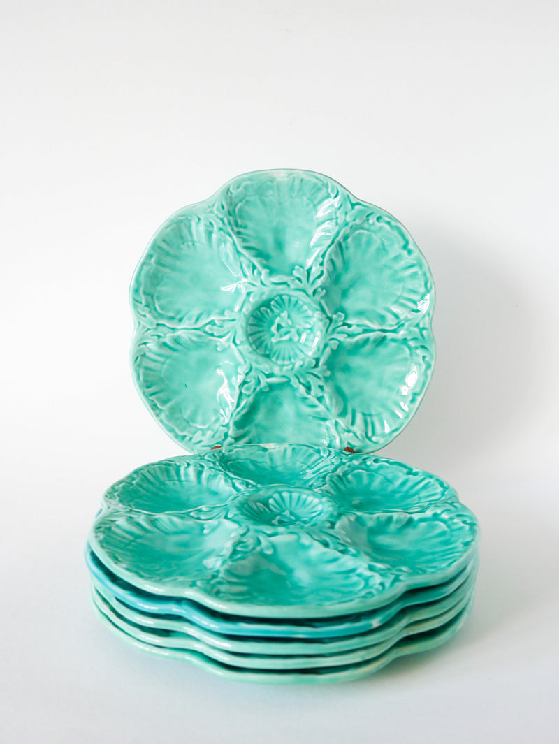 Ensemble De 6 Assiettes À Huîtres En Barbotine - Bleu Turquoise - Gien - 1970