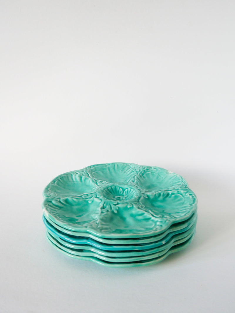 Ensemble De 6 Assiettes À Huîtres En Barbotine - Bleu Turquoise - Gien - 1970