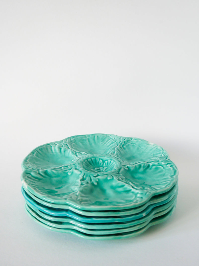 Ensemble De 6 Assiettes À Huîtres En Barbotine - Bleu Turquoise - Gien - 1970