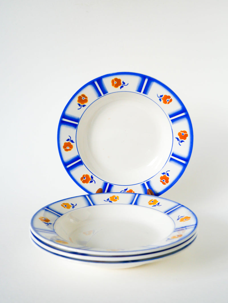 Lot De 4 Assiettes Creuses Digoin Sarreguemines - Modèle Arago - Bleu Et Orange - 1940