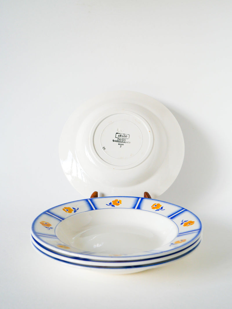 Lot De 4 Assiettes Creuses Digoin Sarreguemines - Modèle Arago - Bleu Et Orange - 1940