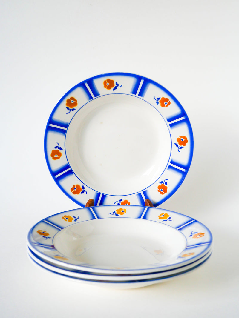 Lot De 4 Assiettes Creuses Digoin Sarreguemines - Modèle Arago - Bleu Et Orange - 1940