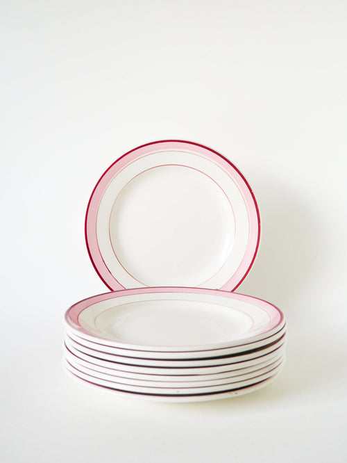 Lot De 9 Assiettes À Dessert Digoin - Modèle Lignes - Rose - 1960