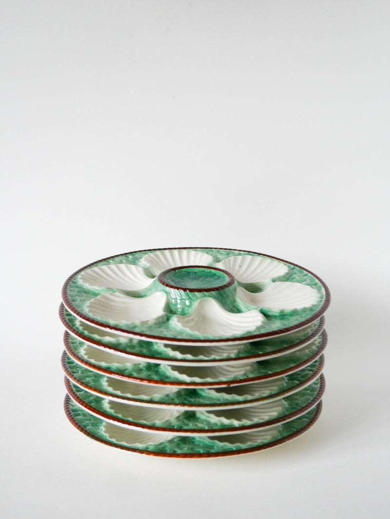 Ensemble De 6 Assiettes À Huîtres En Barbotine Tressée - Vert Et Marron - 1970