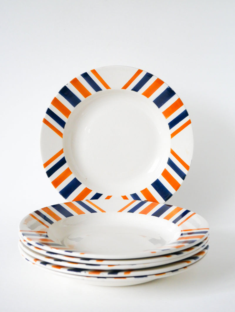 Lot De 6 Assiettes Creuses À Rayures - Hbcm  Modèle "Eskualouna" - Orange Et Bleu - 1960