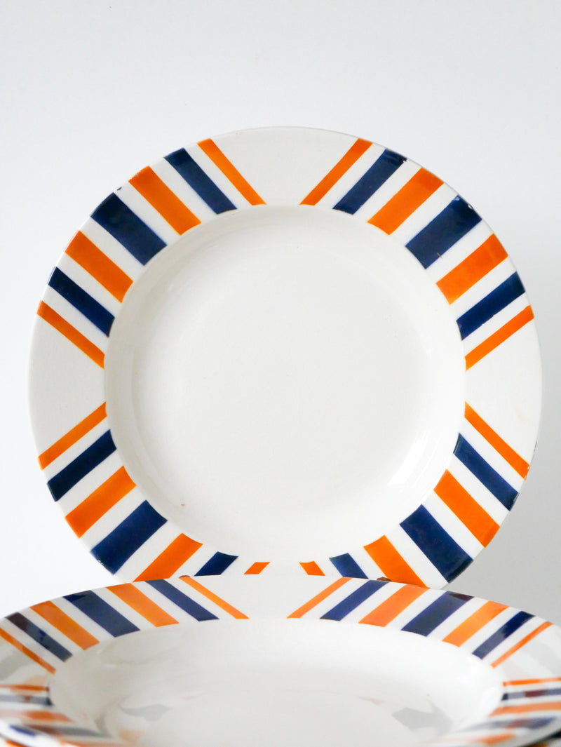 Lot De 6 Assiettes Creuses À Rayures - Hbcm  Modèle "Eskualouna" - Orange Et Bleu - 1960